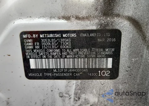 2017 Mitsubishi Mirage G4 Es z USA, uszkodzony, nr VIN ML32F3FJ4HH001046